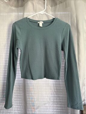 Bozzolo Ribbed Long-Sleeve Crop Top in Teal